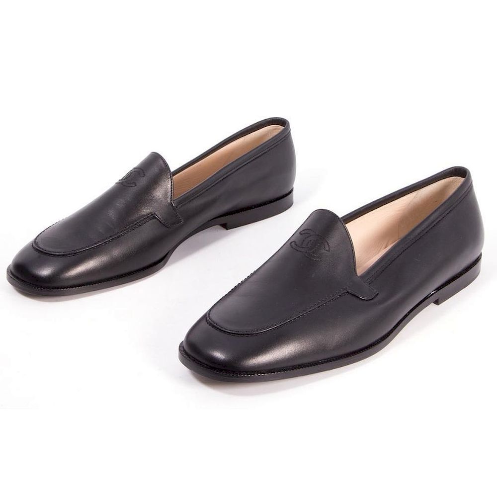 Appraisal: Chanel Black Leather Loafers size B with box new condition