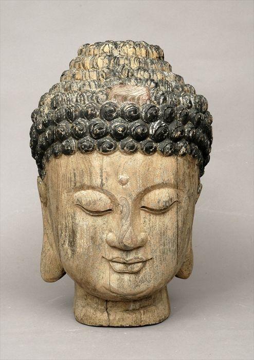 Appraisal: Southeast Asian Polychrome Carved Wood Head of Buddha in