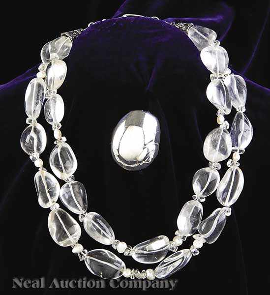 Appraisal: A Double Strand Rock Crystal Necklace with Sterling Silver Clasp