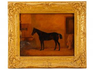 Appraisal: th C English Oil Bay Horse in Stable Circle of