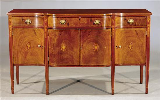 Appraisal: American Hepplewhite inlaid mahogany sideboard early th centuryshaped top over