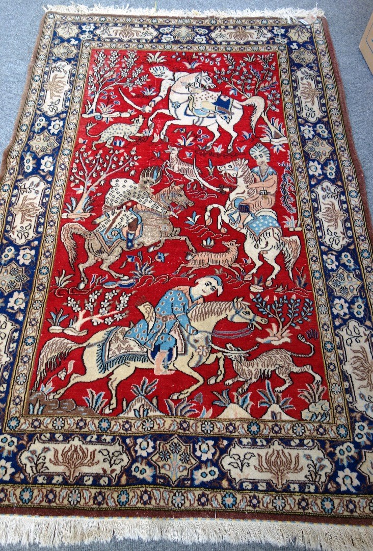 Appraisal: A Ghom part silk rug Persian the madder field with