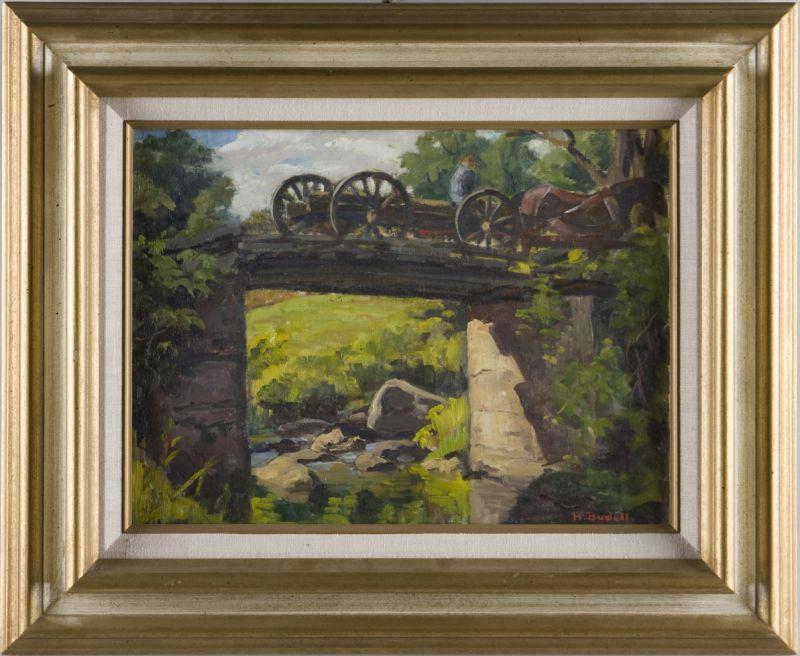 Appraisal: Hortense Budell PA - NJ Bridge oil on board signed