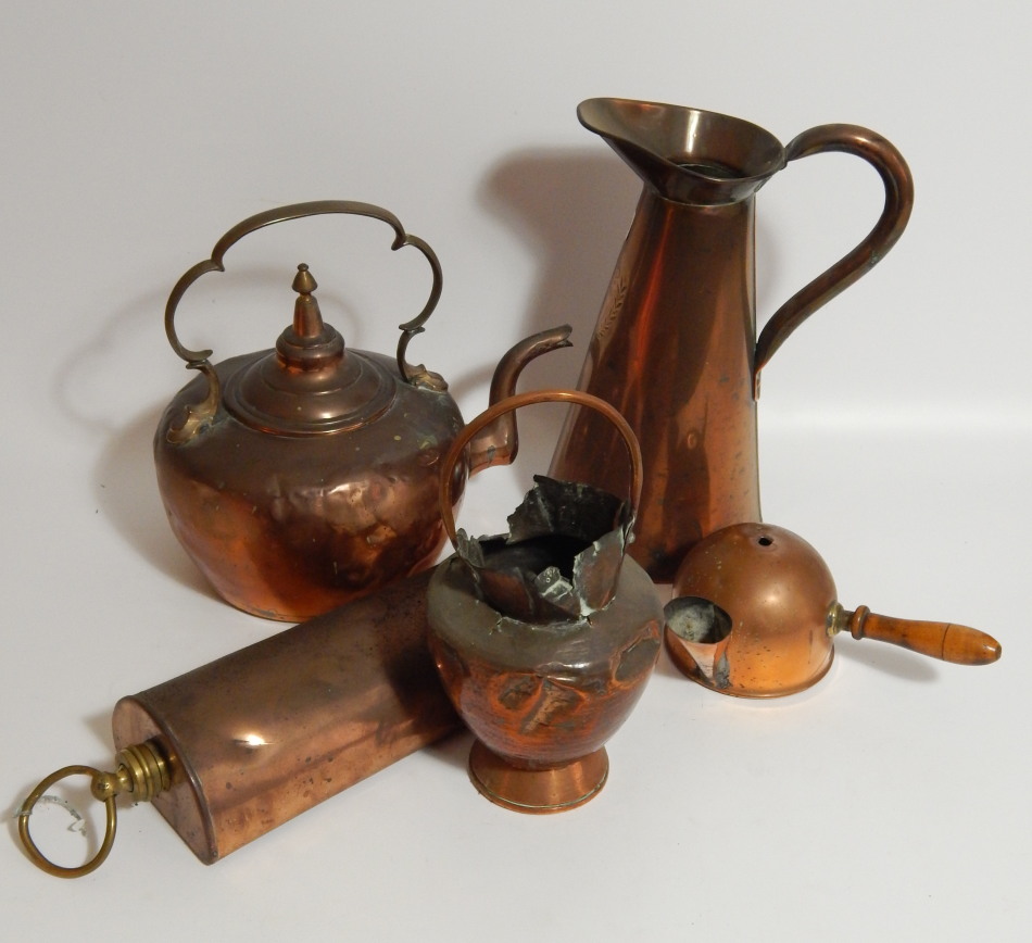 Appraisal: Brass and copperware including two kettles jug foot warmer modern