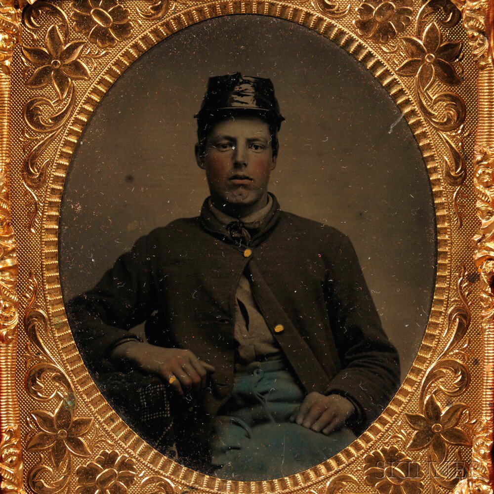 Appraisal: Sixth-plate Tintype of a Civil War Soldier c - hand-colored