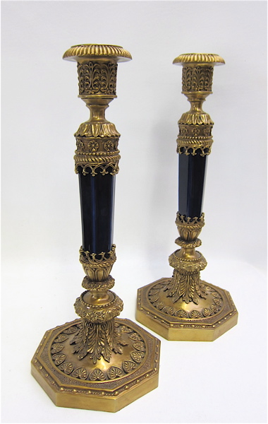 Appraisal: PAIR OF COBALT GLAZED CANDLESTICKS IN BRONZE AND PORCELAIN Height