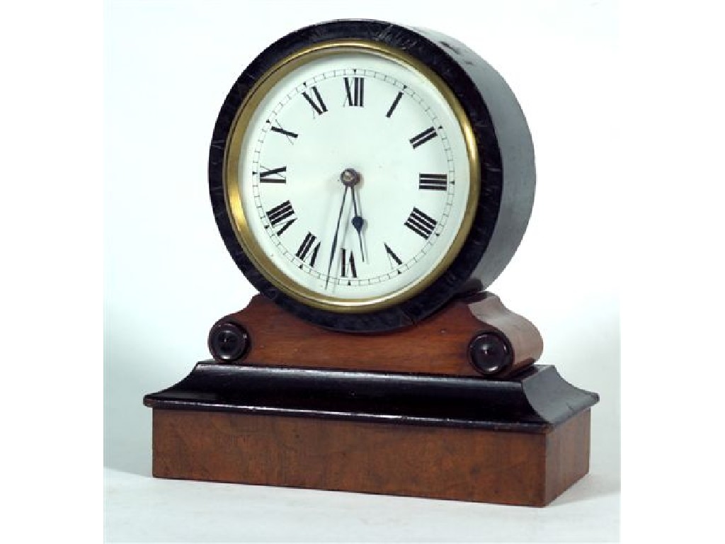 Appraisal: FRENCH EBONISED AND WALNUT MANTLE CLOCK c the drum shaped