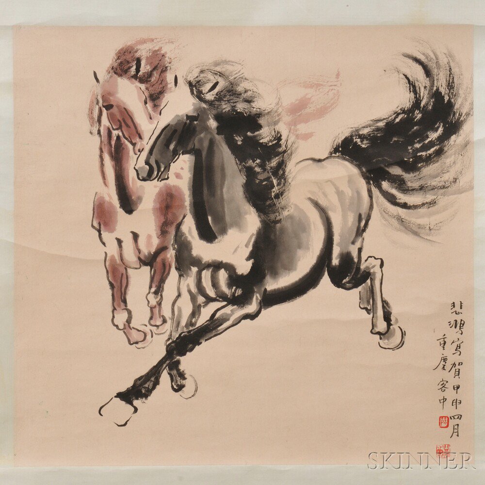 Appraisal: Hanging Scroll Depicting Two Horses China ink and light color