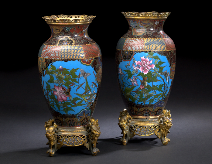 Appraisal: Pair of Gilt-Metal-Mounted Japanese Cloisonne Vases first half th century