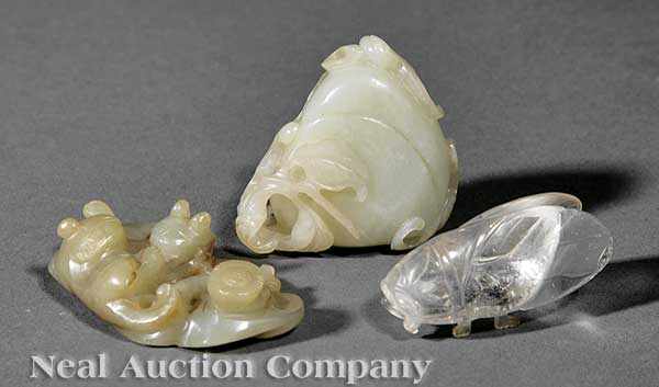 Appraisal: Two Chinese Carved Celadon Jade Groups and a Rock Crystal