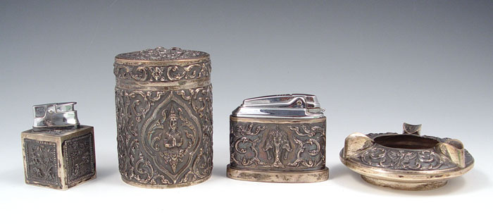 Appraisal: PIECE ORNATE SIAM STERLING SMOKING SET To include Table lighter