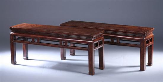 Appraisal: PAIR CHINESE BROWN LACQUERED WOOD BENCHES th century The rectangular