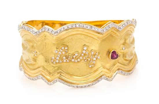 Appraisal: Sale Lot An Karat Yellow Gold Diamond and Ruby Cuff