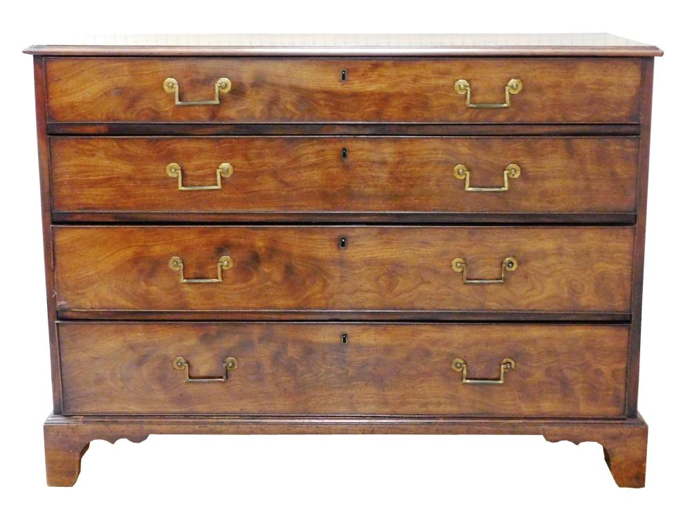 Appraisal: Georgian four drawer chest th C walnut flame veneer oblong