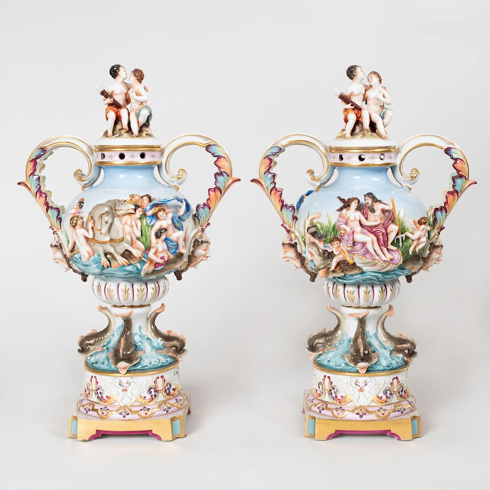 Appraisal: Pair of Capodimonte Porcelain Potpourri Vases with Covers x x