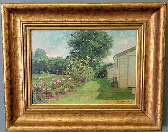 Appraisal: Oil on board landscape painting with outbuildings and a garden