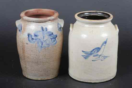 Appraisal: TWO AMERICAN STONEWARE CROCKS Each with blue slip decoration -