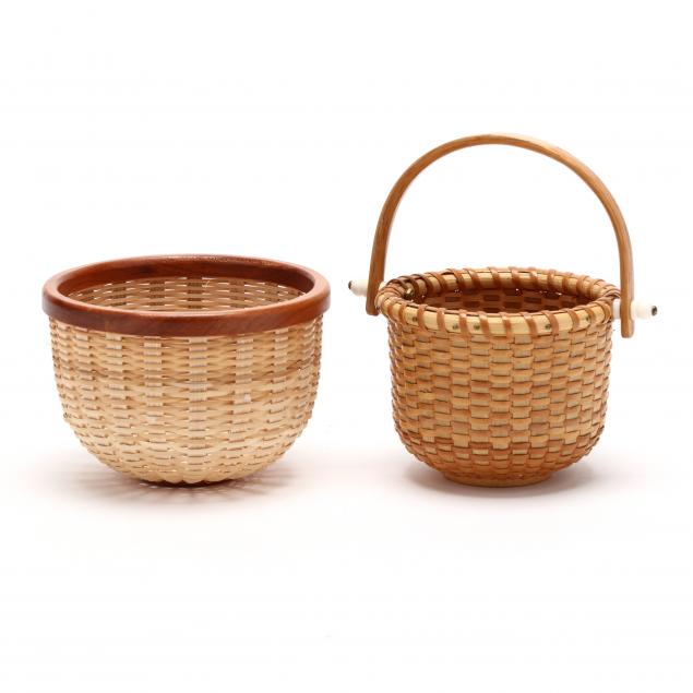 Appraisal: TWO SMALL NANTUCKET STYLE BASKETS Tightly woven with polished maple