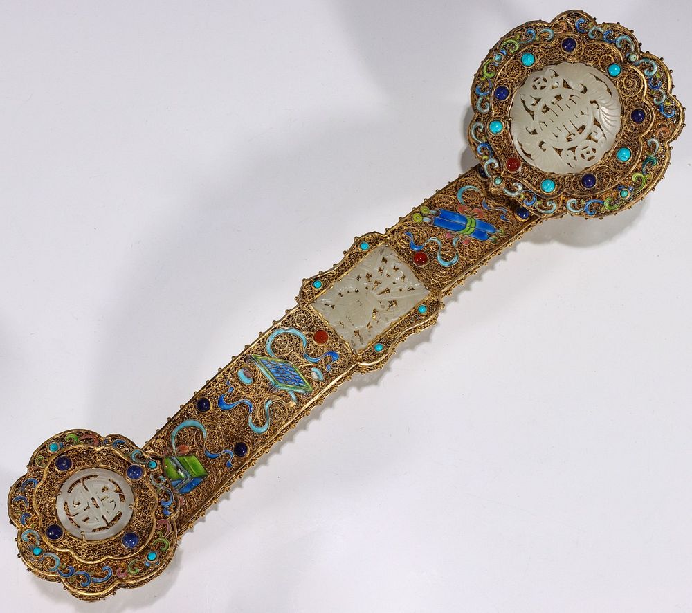 Appraisal: A CHINESE GILT SILVER FILIGREE RUYI SCEPTER WITH JADE The