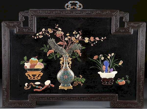 Appraisal: CHINESE HARDSTONE CLOISONNE CARVED WOOD SCREEN A CHINESE HARDSTONE CLOISONN