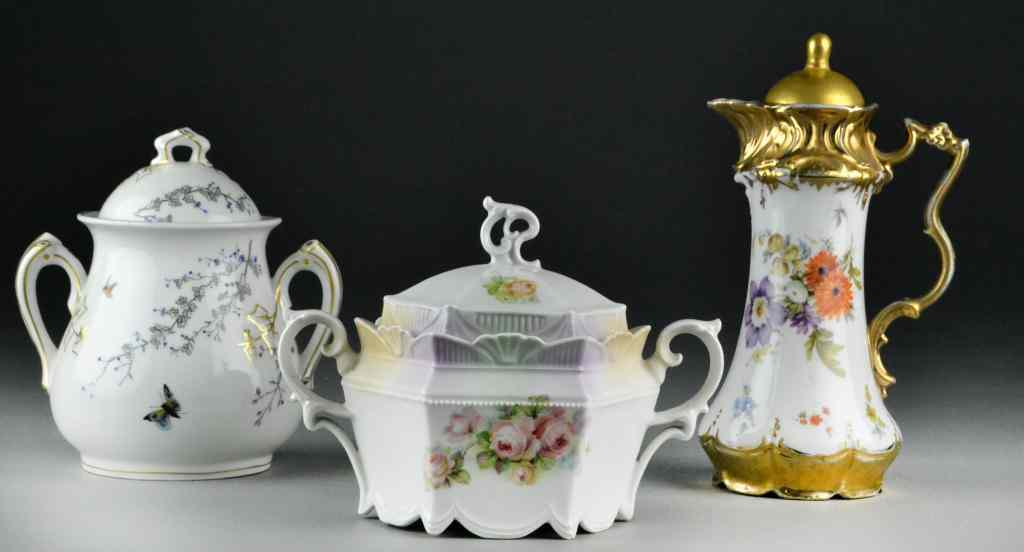 Appraisal: Covered Porcelain wareConsisting of hand-painted covered jar with handles gilt