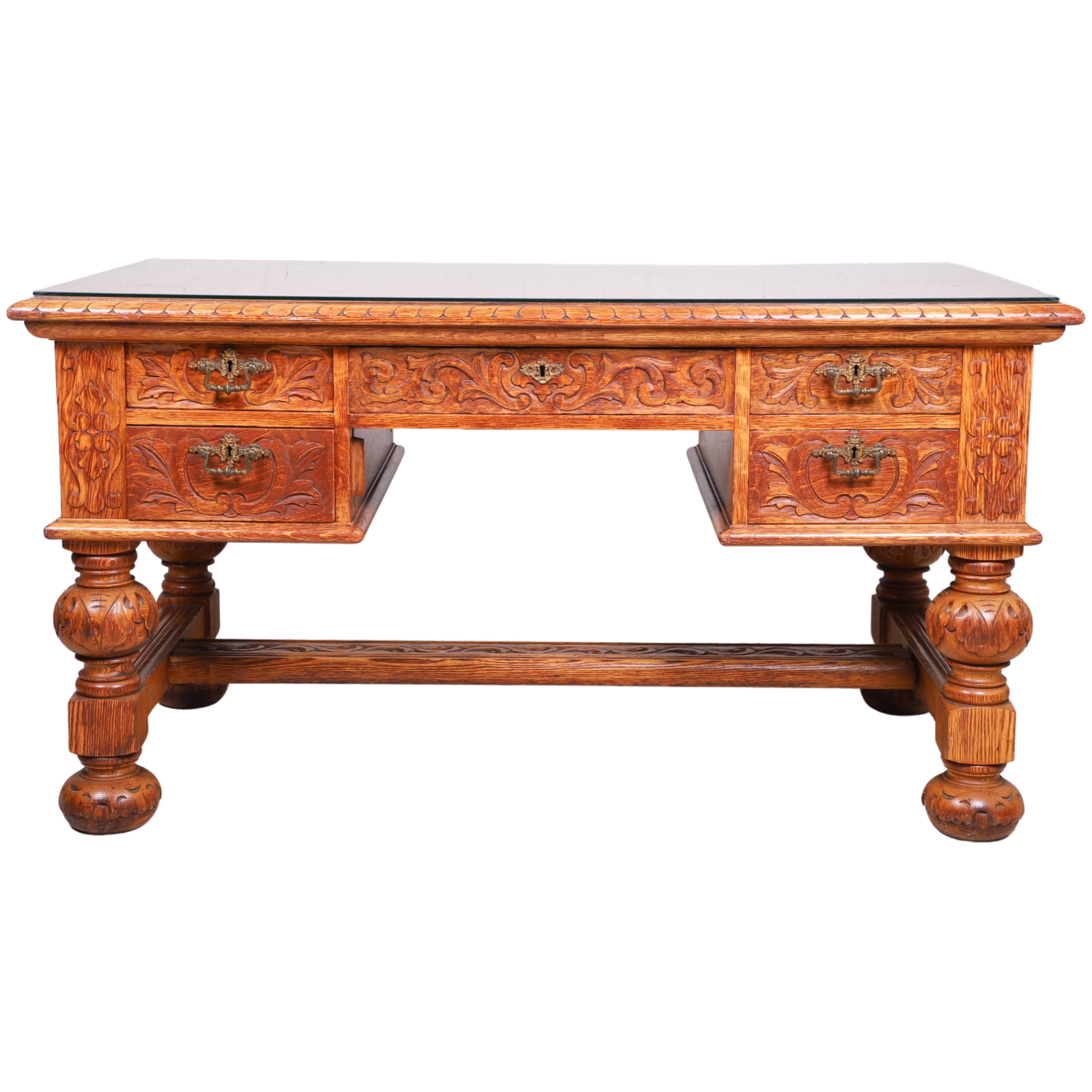 Appraisal: Carved Oak Jacobean Style Flat Top Desk acanthus carved ends