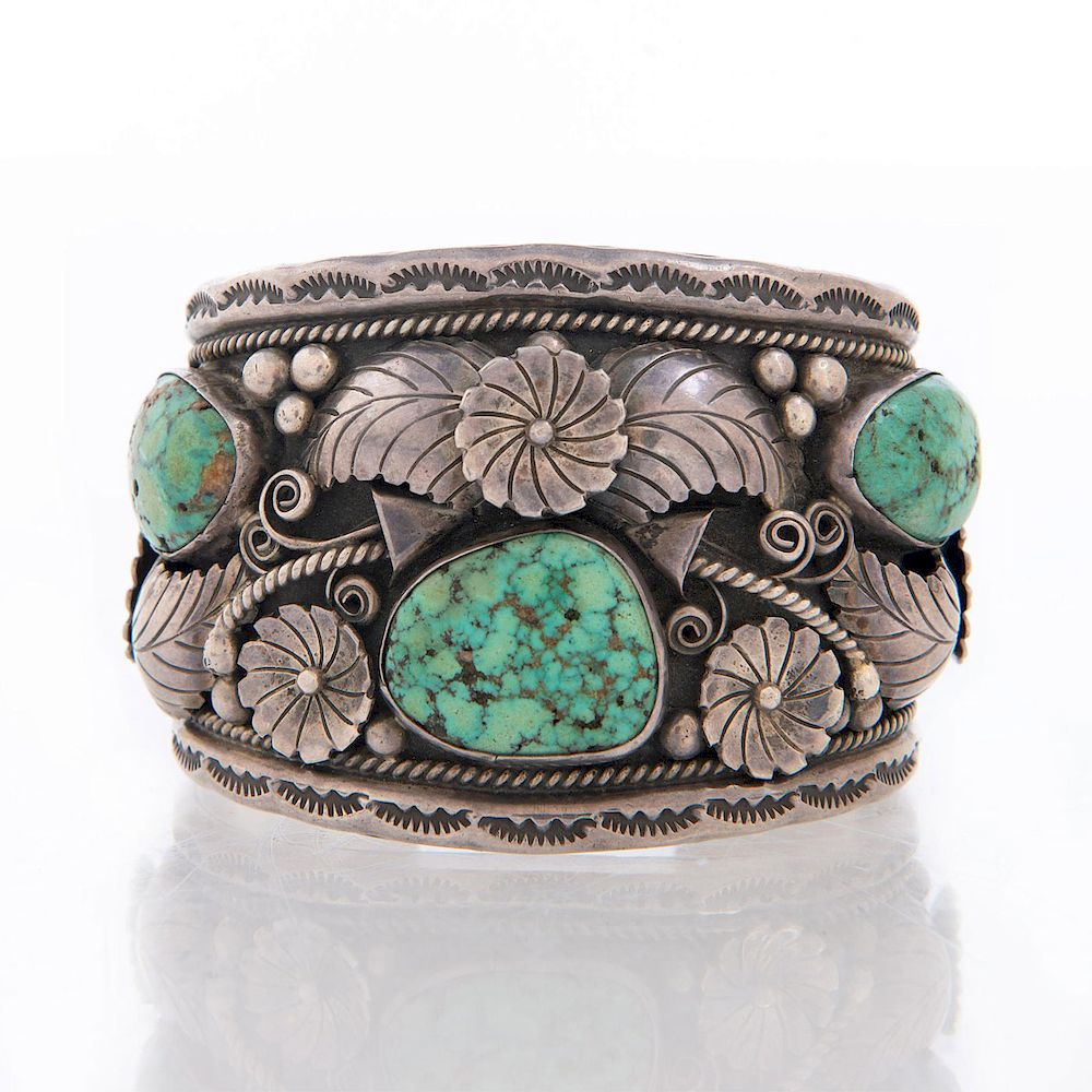 Appraisal: MORTY JOHNSON NATIVE AMERICAN SILVER TURQUOISE BRACELET Cuff bracelet with