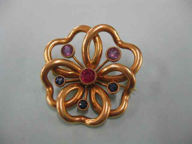 Appraisal: k Gold Gemstone Brooch pansy shapewith ruby amethyst sapphires -