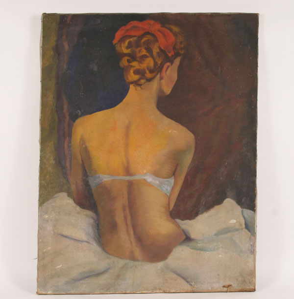 Appraisal: Vintage portrait painting of a nude woman's back ca s