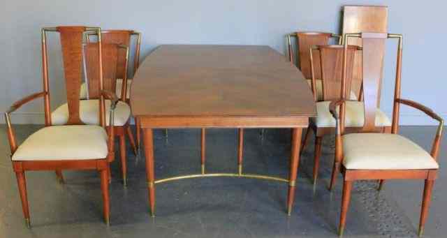 Appraisal: Midcentury Dining Room Set Includes brass and nickel mounted elliptical