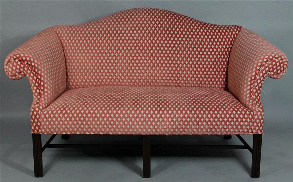 Appraisal: CHIPPENDALE STYLE CAMEL BACK SETTEE WITH PINK AND CREAM UPHOLSTERY