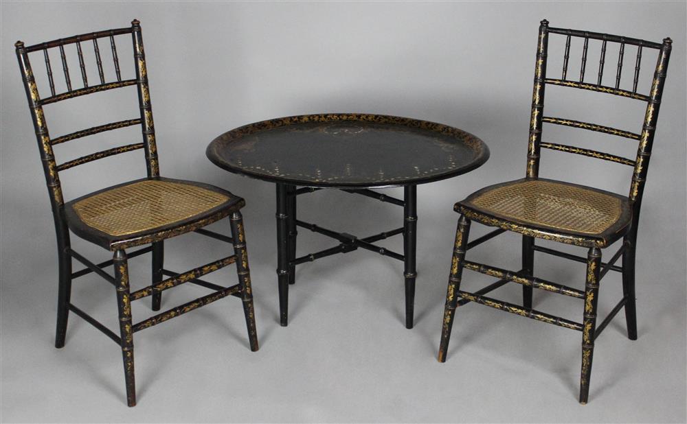 Appraisal: PAIR OF REGENCY BLACK PAINTED SIDE CHAIRS WITH GILT DECORATION