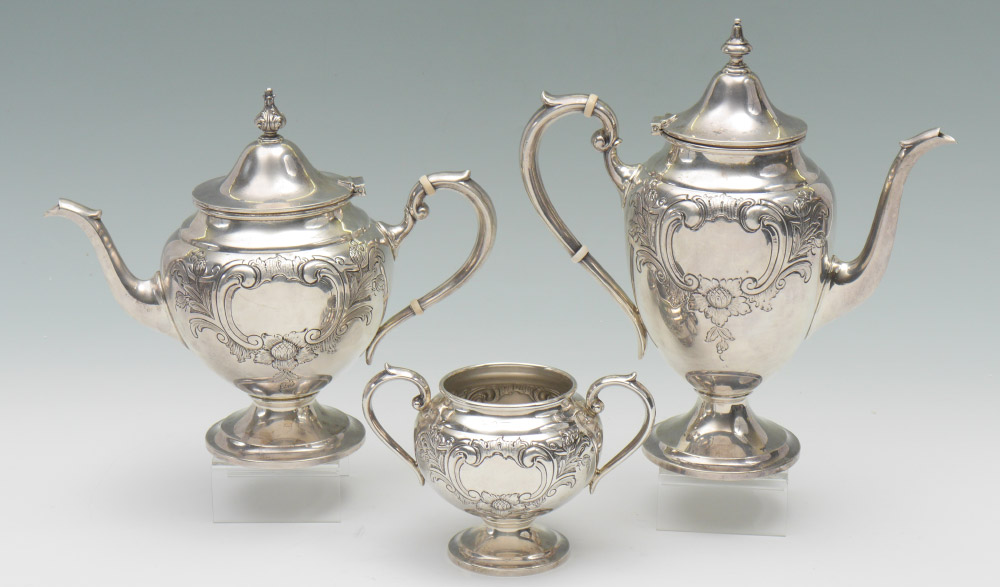 Appraisal: PIECE GORHAM STERLING TEA SET Hand chased floral motif assembled