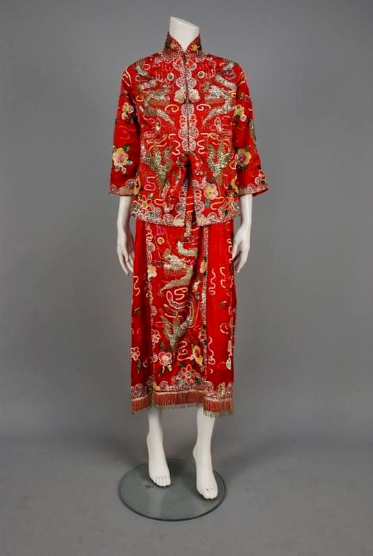 Appraisal: CHINESE INSPIRED BEADED and SEQUINED ENSEMBLE MODERN Red silk satin