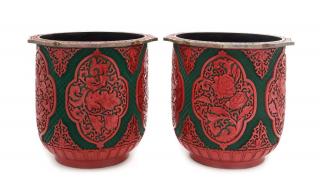 Appraisal: A Pair of Carved Red Lacquered Cachepots A Pair of