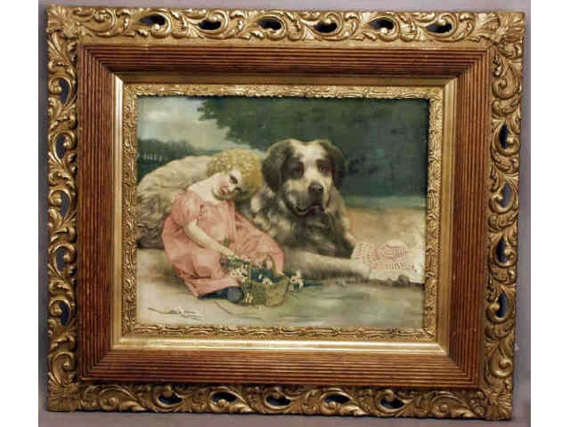 Appraisal: Antique print of a child and her dog in a