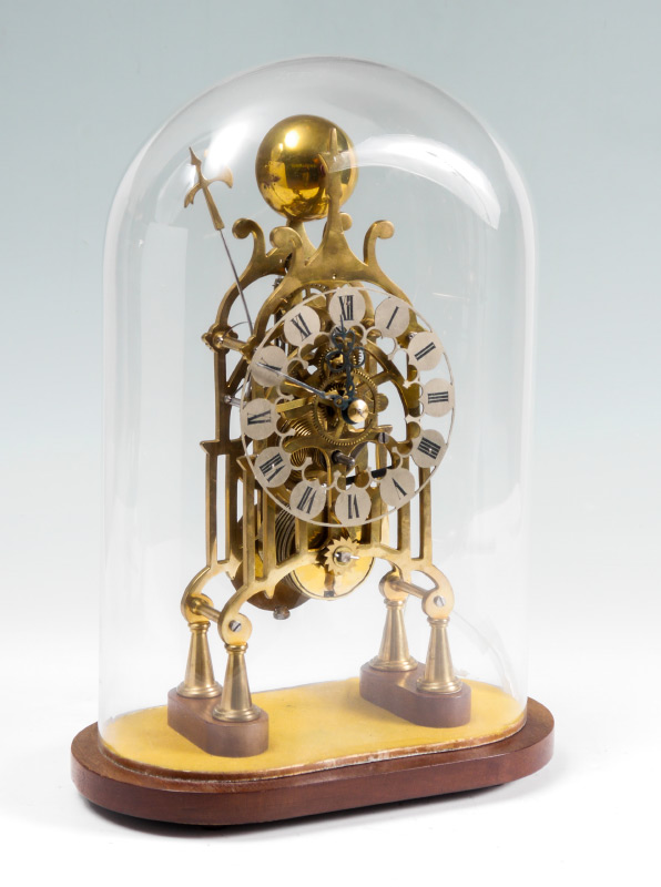 Appraisal: BRASS SKELETON CLOCK WITH DOME Single fusee movement bypass strike