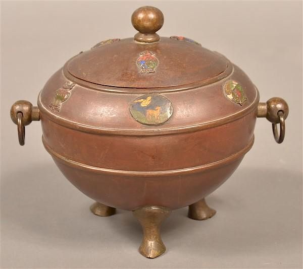 Appraisal: Chinese Enameled Copper Bronze Covered Jar Antique Chinese Enameled Copper