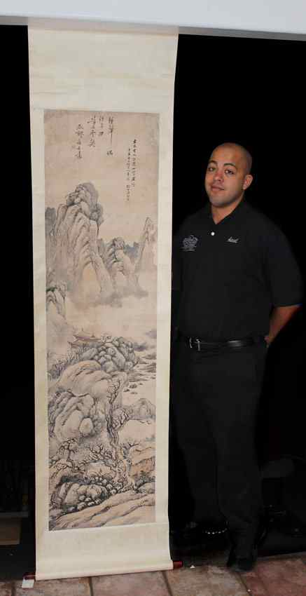 Appraisal: LARGE TH CENTURY ORIENTAL SCROLL Landscape with Temple and Figure