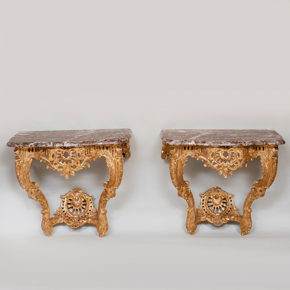 Appraisal: Pair of Louis XV Style Giltwood Consoles Each fitted with