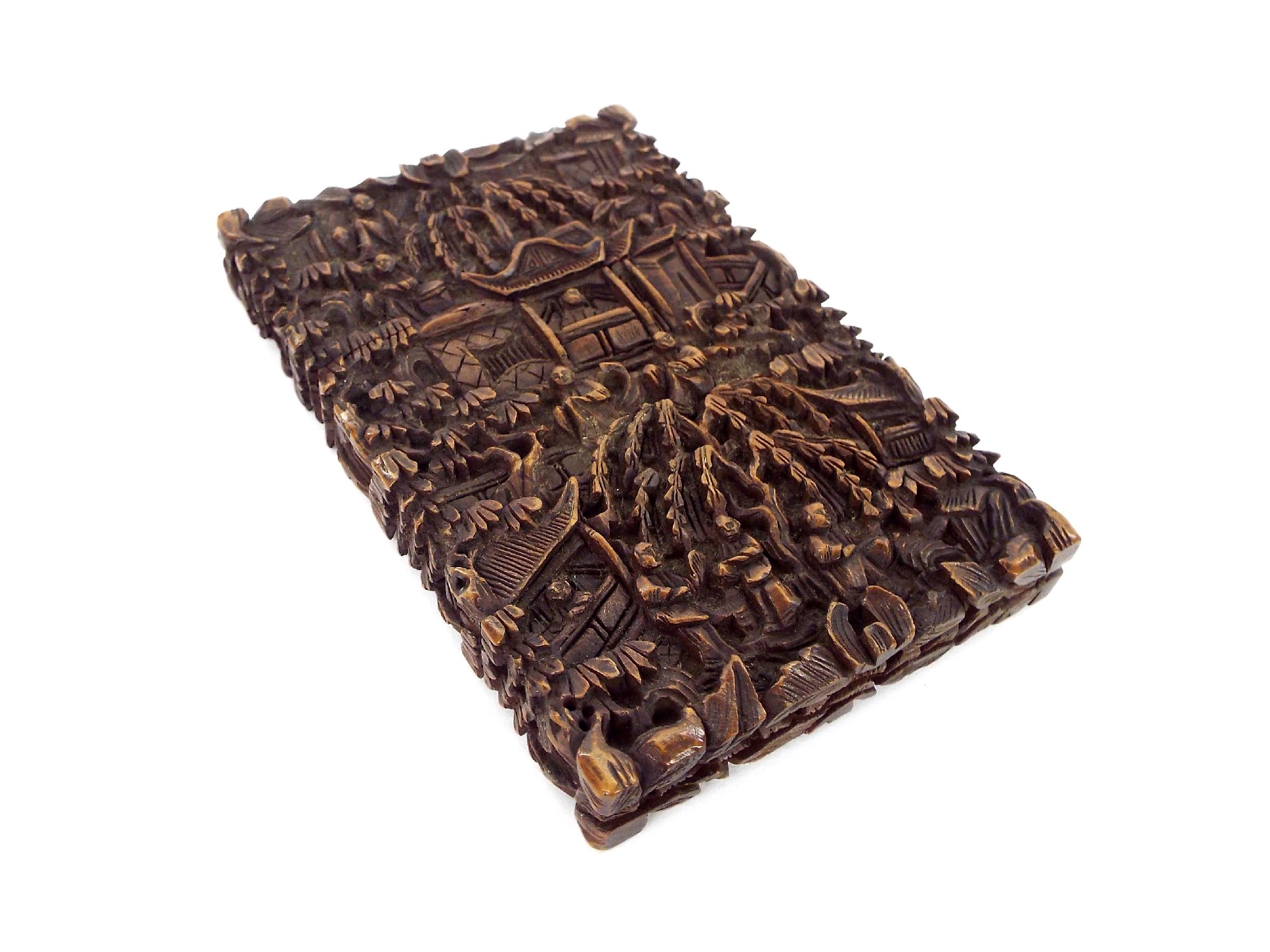 Appraisal: Canton carved boxwood card case decorated in relief with figures