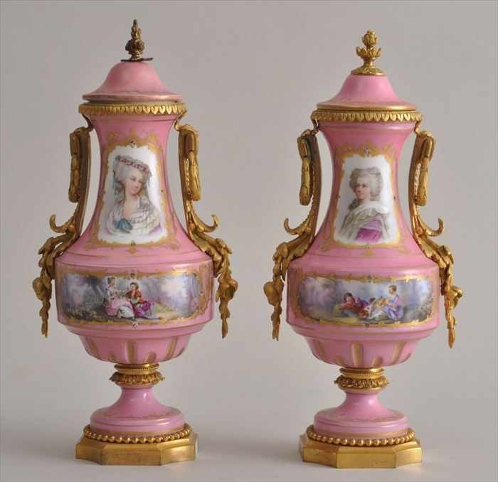 Appraisal: PAIR OF LOUIS XVI-STYLE GILT-METAL MOUNTED SEVRES PORCALIN URNS AND