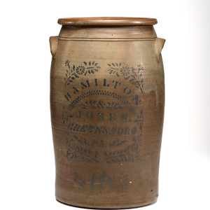 Appraisal: A Ten-Gallon Hamilton Jones Stoneware Crock Greensboro Pennsylvania th Century