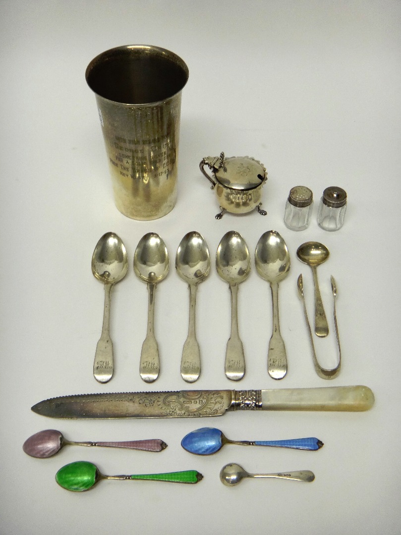 Appraisal: A Sterling beaker presentation inscribed a plated cake knife with