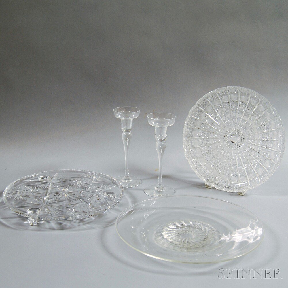 Appraisal: Three Colorless Glass Dishes and a Pair of Candlesticks th