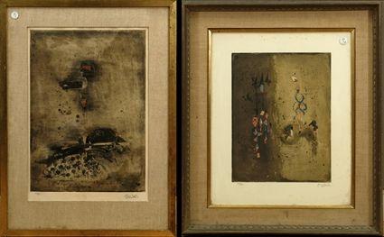 Appraisal: th Century School Two Abstract Compositions Colored etchings signed and