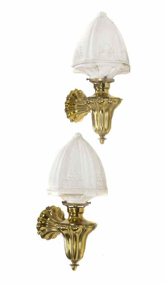 Appraisal: Two Brass and Glass Neoclassical Sconces each having a milk