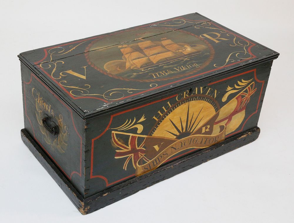 Appraisal: British Nautical Decorated Trunk British Nautical Decorated Trunk the lid