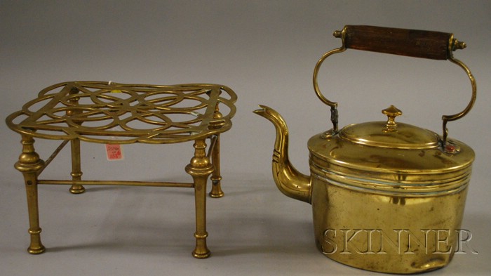 Appraisal: Brass Kettle Hearth Stand and Oval Kettle early th century