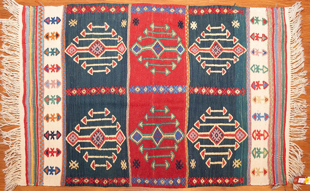 Appraisal: Turkish Kilim Rug x hand woven wool foundation Condition Appears